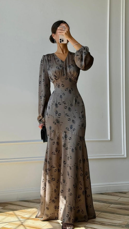 Maxikleid mit floralem Muster in Taupe