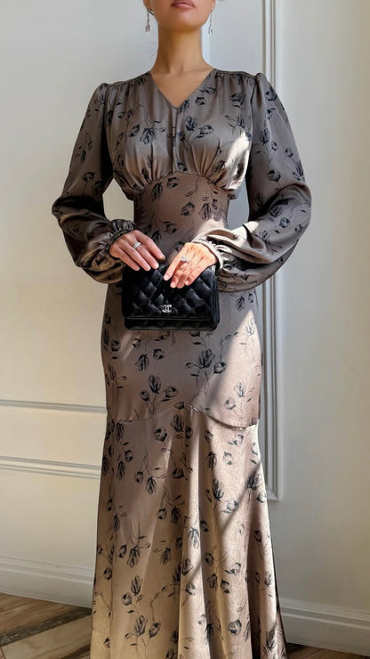 Maxikleid mit floralem Muster in Taupe