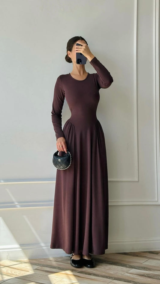 Langarm Maxikleid in Dunkelbraun